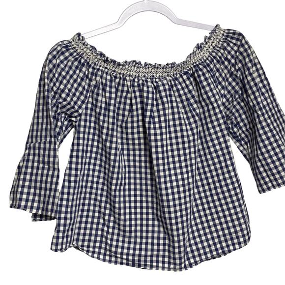 Madewell Smocked Gingham Off the Shoulder Navy and White Top XS (2369) - Picture 6 of 6